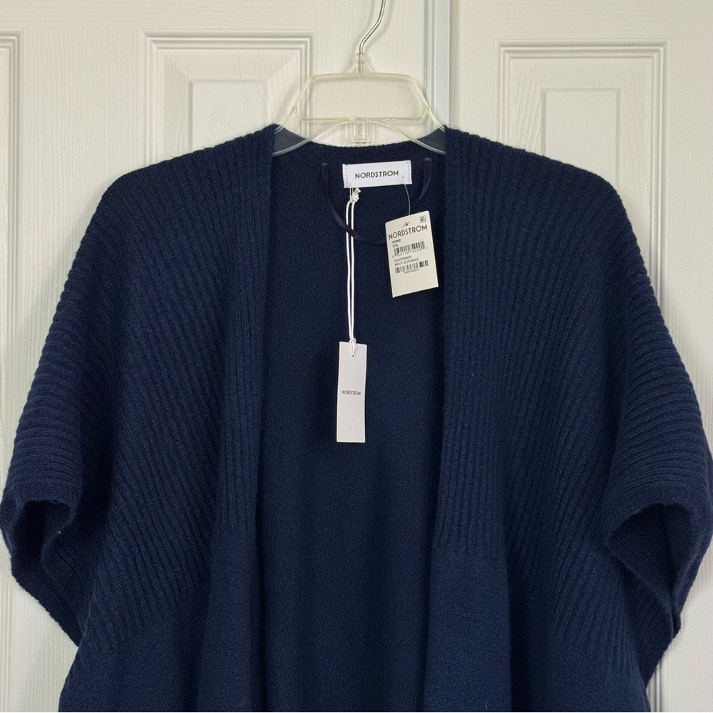 Nordstrom Ribbed Blue Stretch Polyester Blend Ruana Poncho Size OS New - Picture 3 of 15